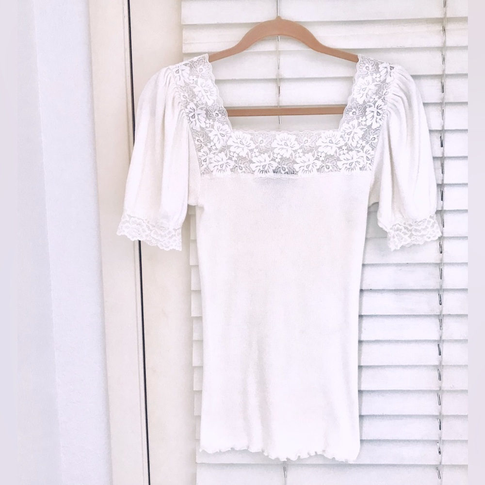 Rosemunde Copenhagen 100% cotton white shirt / top with lace trim M Square Neck